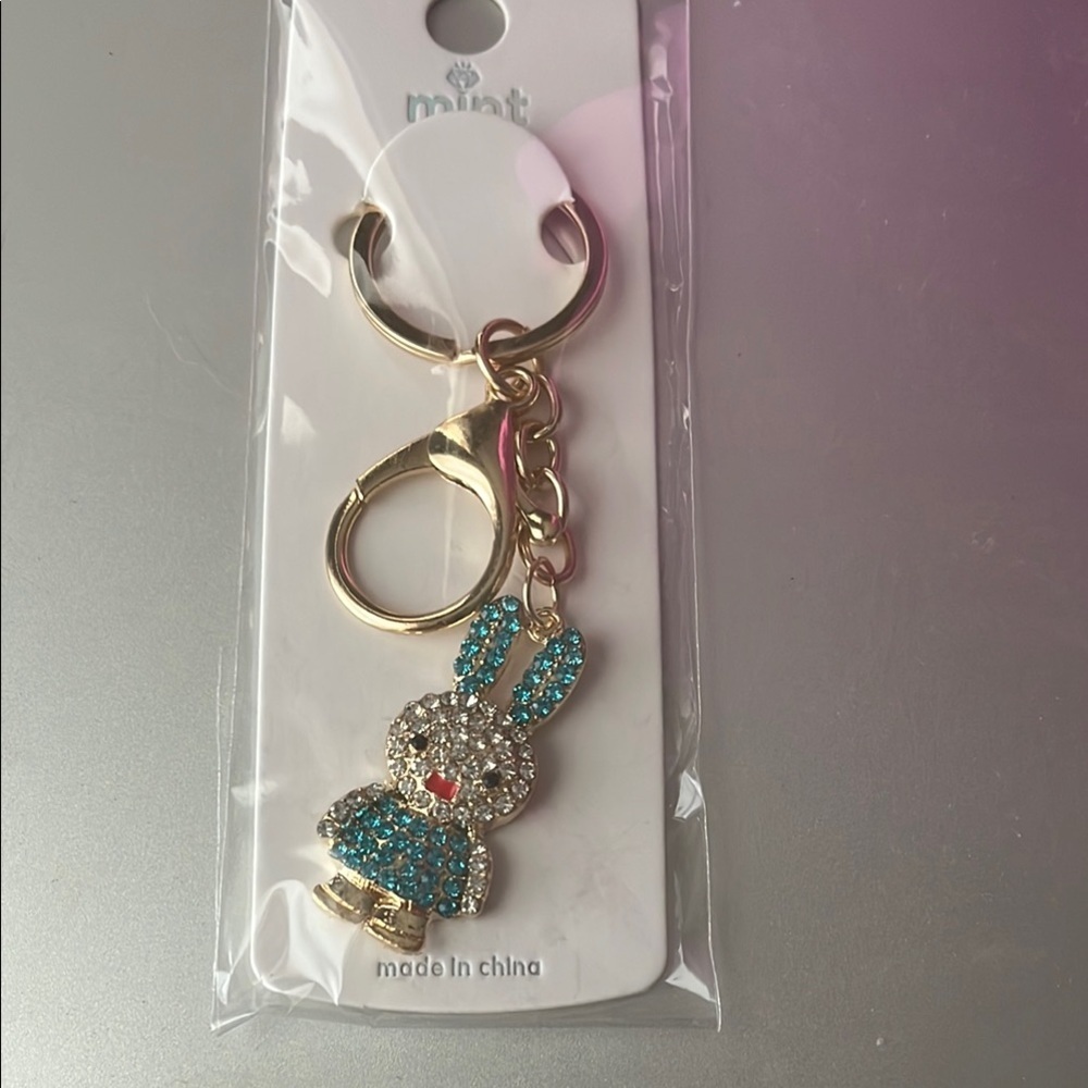 Mint Gold and Blue Bunny Keychain